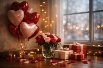 Romantic Valentine&rsquo;s Day Interior Still Life with Heart Balloons, Gift Boxes, and Rose Bouquet