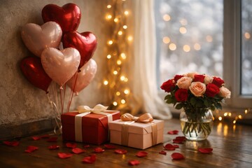 Romantic Valentine&rsquo;s Day Still Life with Heart Balloons, Gift Boxes, and Rose Bouquet