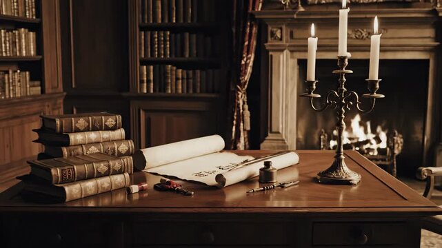 An old desk with scroll books candle and fireplace