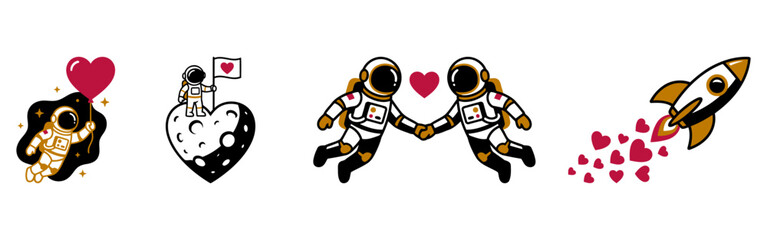 Cute Astronaut Valentine Love Set with Space Romance Couple Heart Balloon Moon Flag Rocket and Cosmic Relationship Theme flat vector illustration