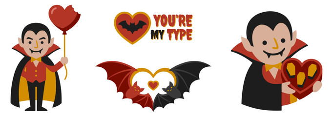 Cute Dracula Vampire Valentine Cartoon Character Set Romantic Halloween Love Heart Bat Funny Gothic Couple Illustration flat vector illustration