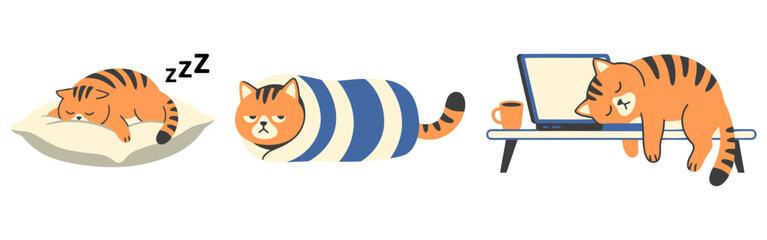 Lazy Orange Cat Sleeping and Slipping Cartoon Set with Cozy Pillow Laptop Desk and Cute Funny Pet Poses flat vector illustration