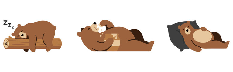 Cute Sleeping Bear Cartoon Set Lazy Relaxing Bear Character Lying Sleeping Resting Animal Illustration Wildlife Funny Concept flat vector illustration