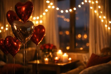 Romantic Valentine&rsquo;s Day Interior with Heart Balloons, Candles, and Cozy Evening Lights