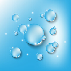 Realistic Water Droplets Vector Set on Blue Background