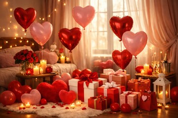 Romantic Valentine&rsquo;s Day Bedroom Setup with Heart Balloons, Candles, and Gift Boxes