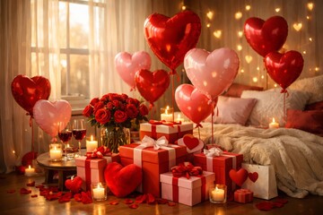 Romantic Valentine&rsquo;s Day Bedroom Decoration with Heart Balloons, Candles, and Gift Boxes