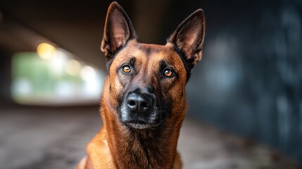 Obraz premium Fierce Belgian Malinois Dog Close-Up with Intense Gaze in Urban Setting