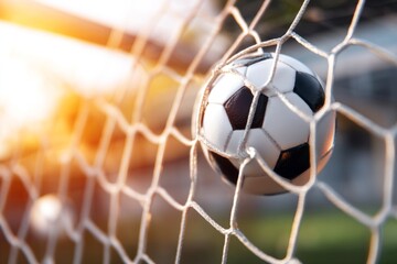 Naklejka premium Dynamic Perspective of Soccer Ball Hitting Goal Net in Action Scene