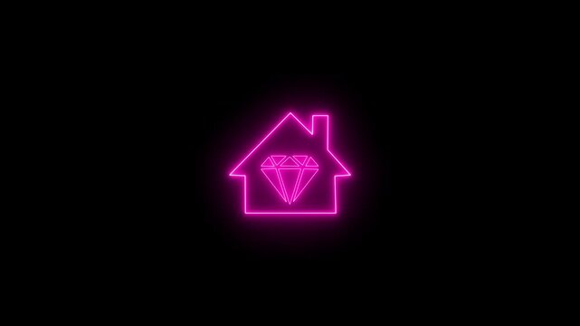 Glowing neon diamond icon animation, representing wealth, luxury, high-end products, Home icon house sign neon lights animation with up arrow diamond stone icon. 4K video animation.