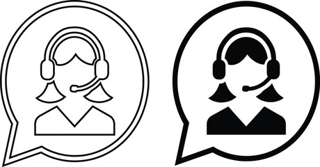 Customer support agent icon set with headset in speech bubble, female telemarketing assistant vector illustration.