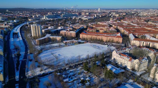Berlin urban landscape winter football field. dNice aerial view rone
