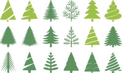Obraz premium Set of green pine tree silhouettes vector illustration collection for forest nature and winter season holiday design elements isolated on transparent grid background pack