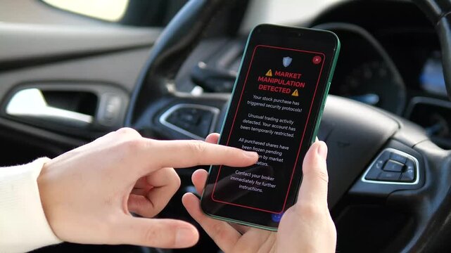 A dramatic close-up of a smartphone screen displaying a severe red warning: Market Manipulation Detected. The user, sitting in a car, views a notification about triggered security protocols, unusual