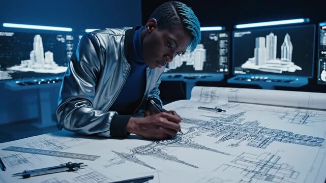 Architect designing futuristic blueprints in a creative workspace