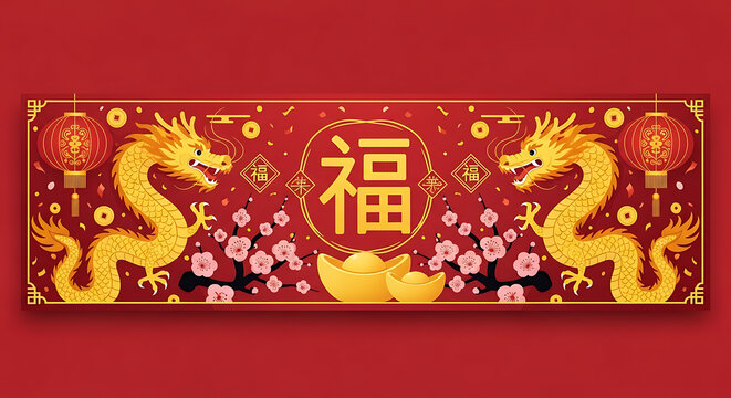 Vibrant Chinese New Year Celebration Banner Illustration featuring Golden Dragons, Cherry Blossoms, and Auspicious Ingots, Symbolizing Prosperity and Good Fortune