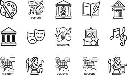  Culture web icon set in line style with art, museums, literature, movie, theater and architecture. © Md Ataullah 
