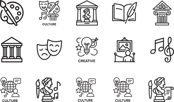  Culture web icon set in line style with art, museums, literature, movie, theater and architecture.