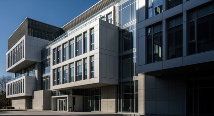 Modern architectural building with glass windows and a clear blue sky background