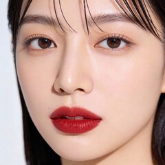 Naklejka premium Stunning woman with vibrant red lips and brown eyes looking directly at camera