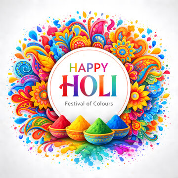 Happy Holi Festival of Colors Decorative Floral Background with Colorful Gulal Bowls and Vibrant Circular Indian Design