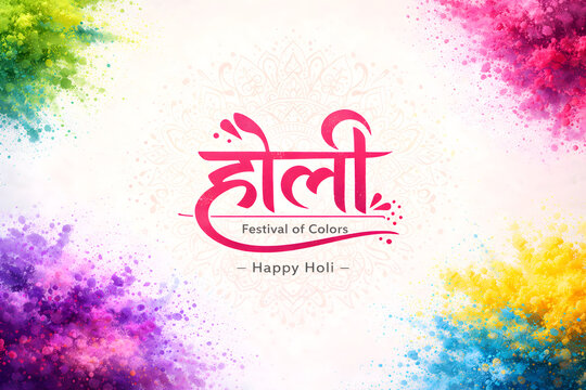 Happy Holi Hindi Typography Background with Colorful Powder Clouds, Festival of Colors Celebration in Devanagari Script