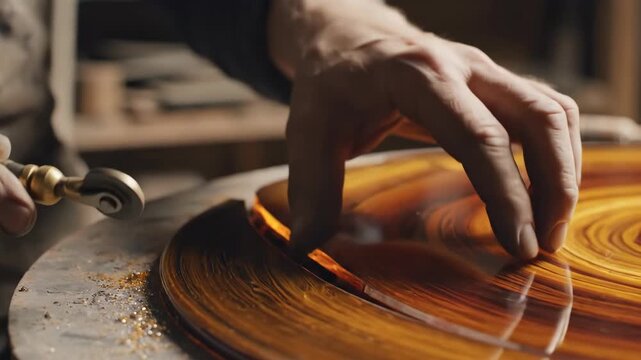 Artisan crafting circular wooden table with precision in workshop