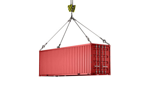 3D rendering of a red shipping container being lifted by a crane hook, isolated on white background, concept for global trade, logistics, and supply chain.