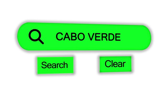A green search bar with the text CABOVERDE and a magnifying glass is presented with Search and Clear buttons and a cursor on a white background
