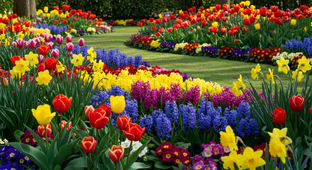 Colorful Spring Flower Garden in Full Bloom