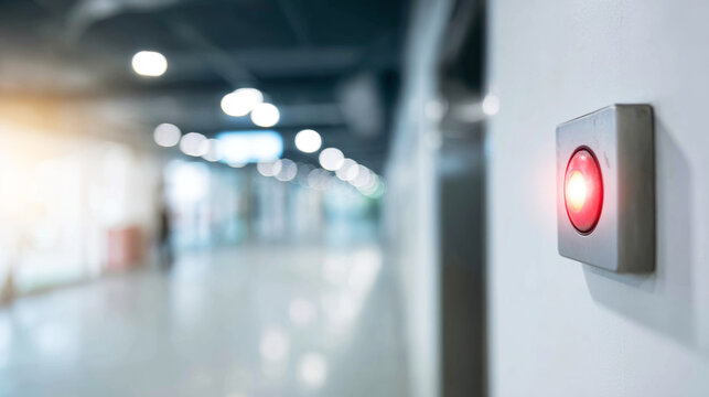 The red emergency button is mounted on a wall in a contemporary office or public building hallway, signaling a security alert or pressing situation
