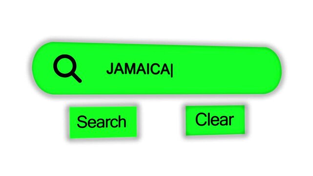 A digital search bar interface the word JAMAICA with a magnifying glass and interactive buttons for Search and Clear on a white background Keywords