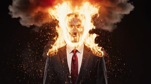 Mature businessman in a suit experiencing a burnout from overworking, with his head exploding in a fiery blast, symbolizing extreme stress, anxiety, and information overload from digital chaos
