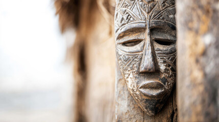 Carved wooden tribal mask displaying intricate patterns, representing ancient traditions, cultural heritage, and spiritual artifacts