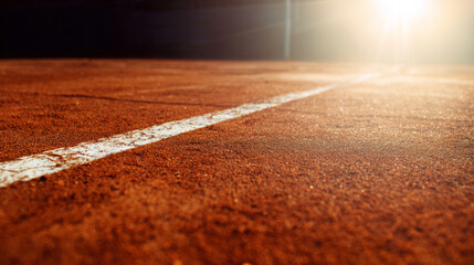 Clay tennis court surface showing a crisp white boundary line under an intense sun flare, symbolizing focus in sport