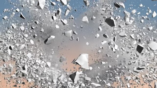 Conceptual animation of a cracking and exploding head, shattering into thousands of tiny fragments, representing mental health issues like stress, burnout, anxiety, and information overload