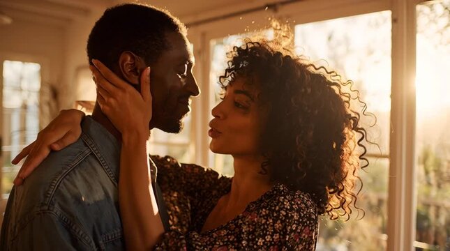 Couple embrace at home in golden hour sunlight, intimate romantic moment smiling in warm cozy natural light