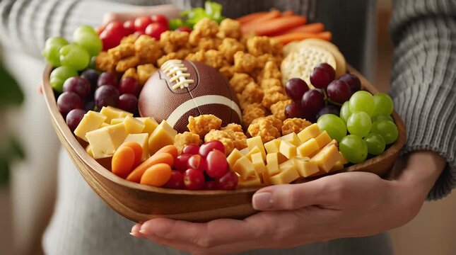 Football shaped snack platter cheese cube green grape red grape cracker chicken bites appetizer platter game day festive centerpiece