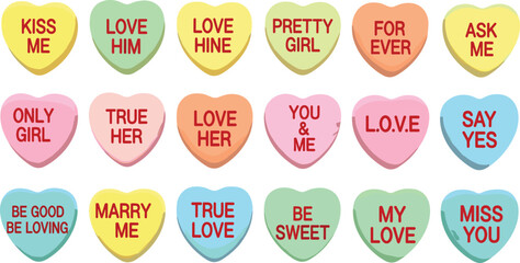 Fototapeta premium Colorful candy heart set with romantic phrases, Valentine conversation hearts collection, sweet love messages for greeting cards, stickers, prints and designs
