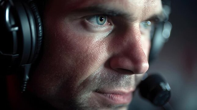 Focused male gamer headset microphone close up portrait concentrated expressive intense dramatic lighting cinematic low light shallow depth of field
