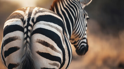 Fototapeta premium Zebra hindquarters showing bold black and white stripes and natural pattern in savanna environment
