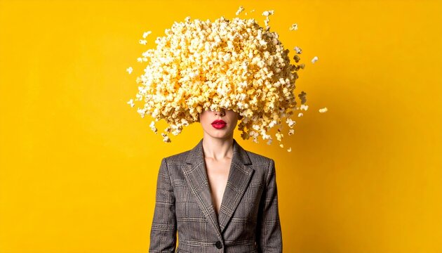 stylish businesswoman in grey suit with giant exploding popcorn head on yellow background