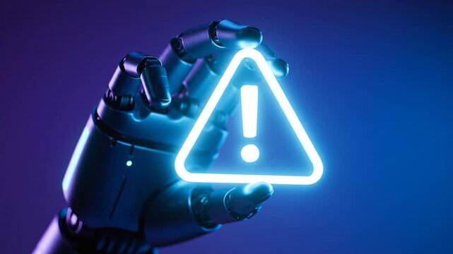Futuristic Robotic Hand Holding Glowing Warning Sign in Cyber Space