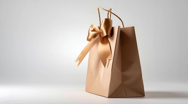 Elegant beige luxury gift bag with satin ribbon and bronze bow, shopping present paper bag with twisted handles conveying festive celebration mood