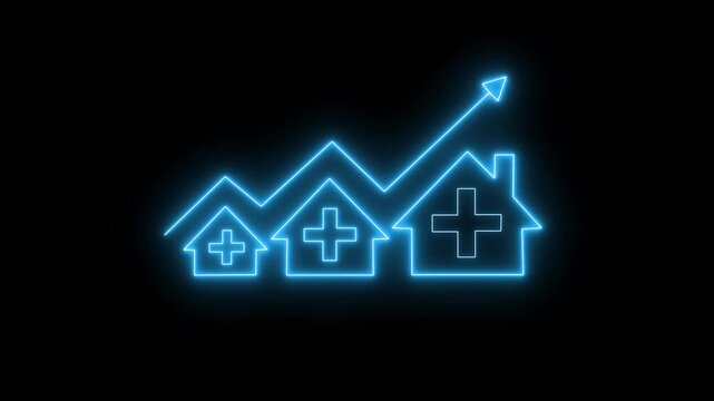 Glowing neon line house plus sign neon lights animation with up arrow icon isolated on black background.  medical, healthcare, addition, solution, emergency icon. 4K  video motion graphic animation..