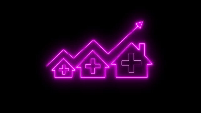 Glowing neon line house plus sign neon lights animation with up arrow icon isolated on black background.  medical, healthcare, addition, solution, emergency icon. 4K  video motion graphic animation..