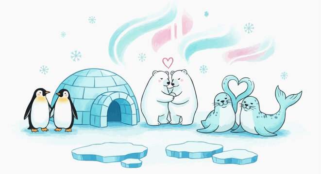 Adorable arctic animals gathered near icy igloo with penguins polar bear and seals in soft whimsical illustration