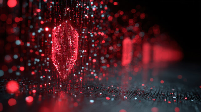 Cyber defense system blocking malicious code, digital shield security, red data protection glow