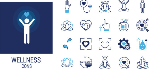 Complete set of wellness and healthcare line icons with yoga and medical symbols for health and lifestyle design