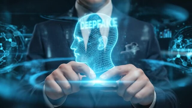 Professional interacting with a holographic virtual screen showing deepfake and ai driven digital identity overlays, highlighting cybersecurity, biometrics, and modern business threats
